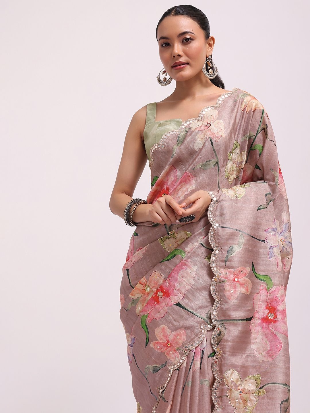 

KALKI Fashion Floral Printed Mirror Work Saree, Pink