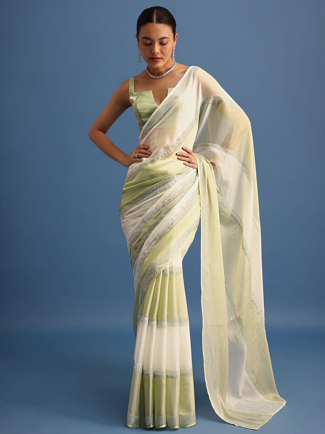 

KALKI Fashion Embellished Beads and Stones Tissue Saree, Green