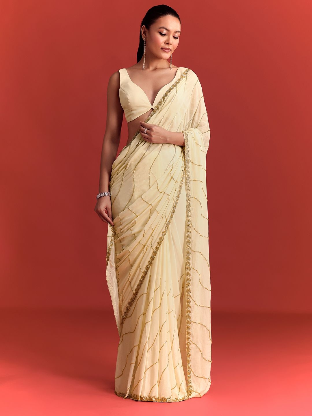 

KALKI Fashion Embellished Beads and Stones Saree, Off white