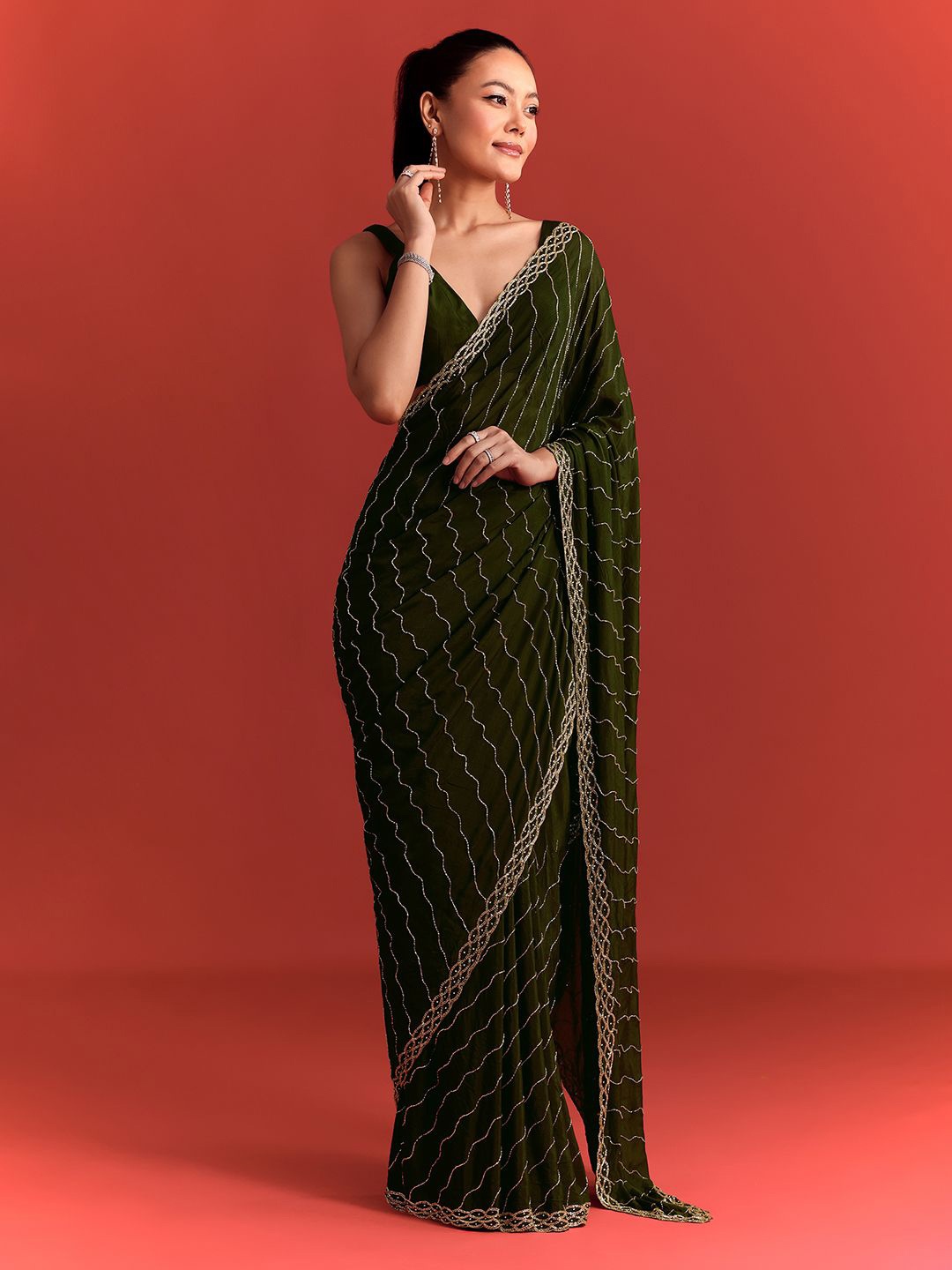 

KALKI Fashion Embroidered Embellished Saree, Green