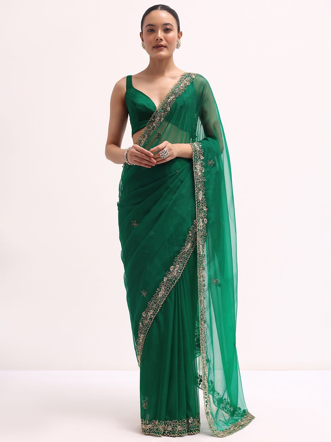 

KALKI Fashion Embellished Sequinned Organza Saree, Green