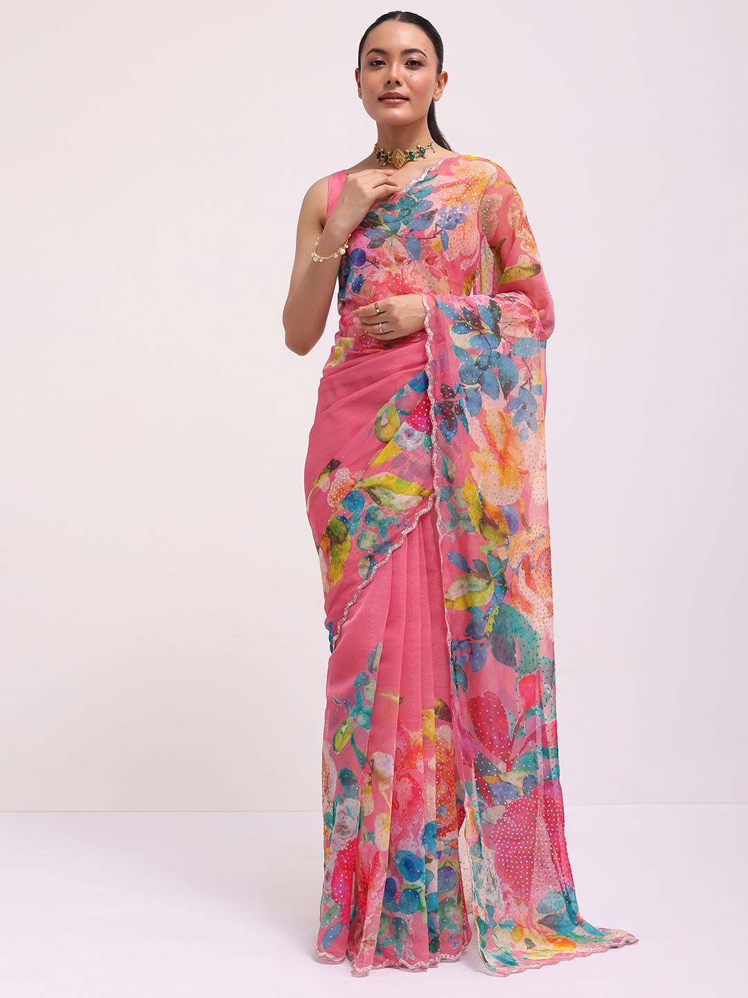 

KALKI Fashion Floral Printed Sequinned Organza Saree, Pink