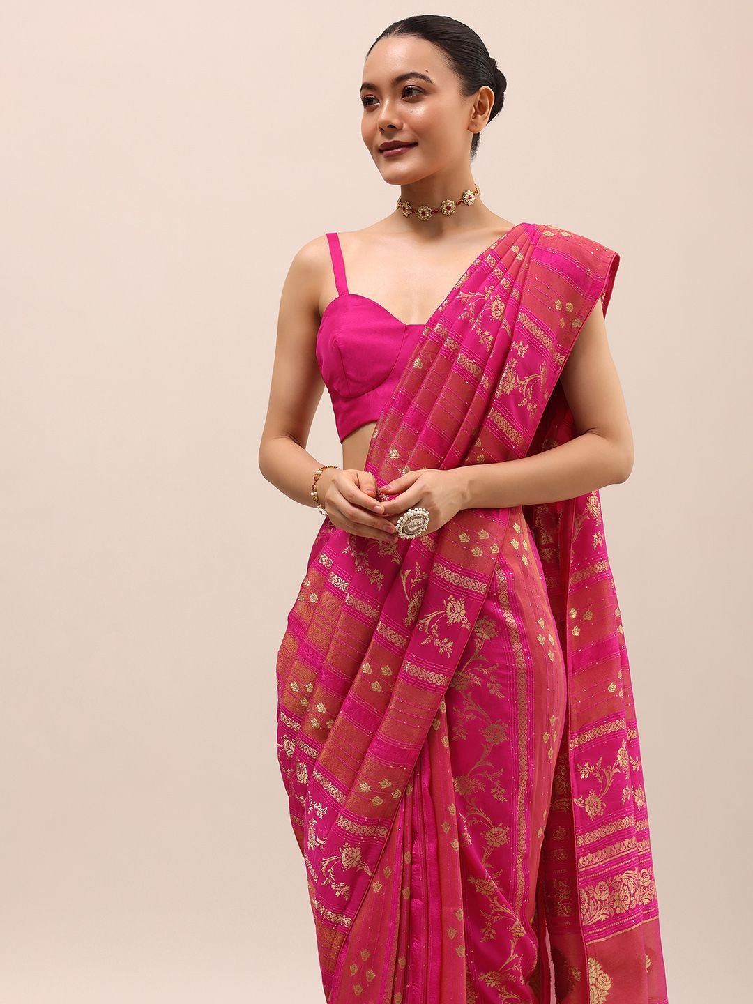 

KALKI Fashion Ethnic Motifs Printed Sequinned Saree, Pink