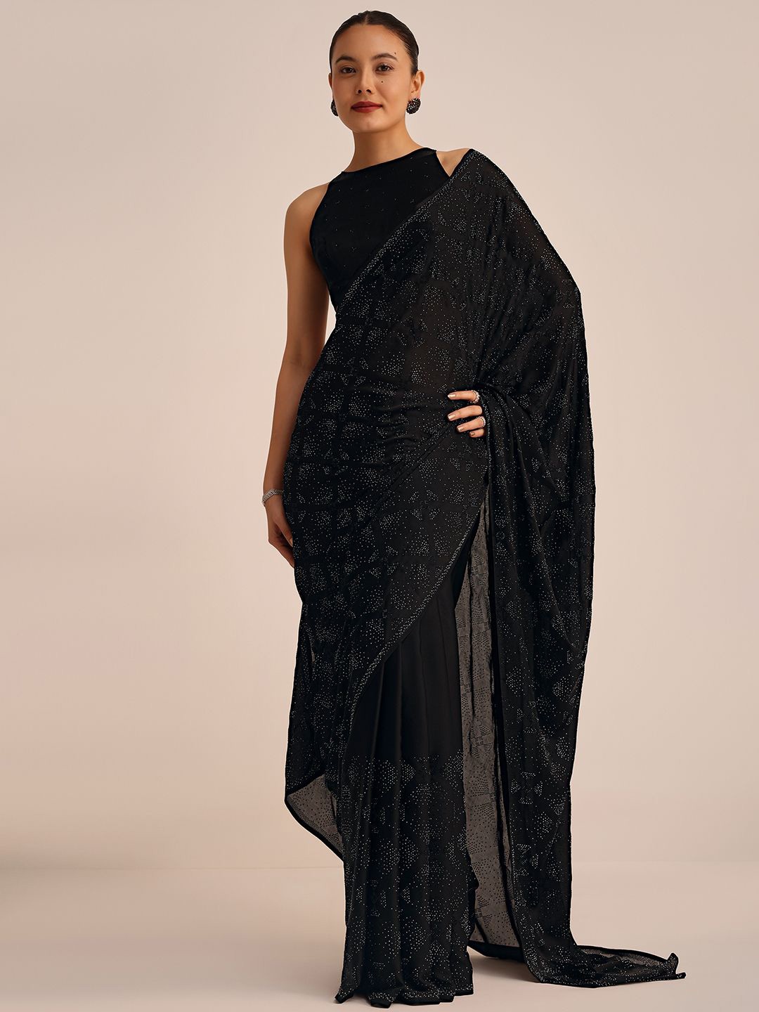 

KALKI Fashion Embellished Mukaish Satin Saree With Unstitched Blouse, Black
