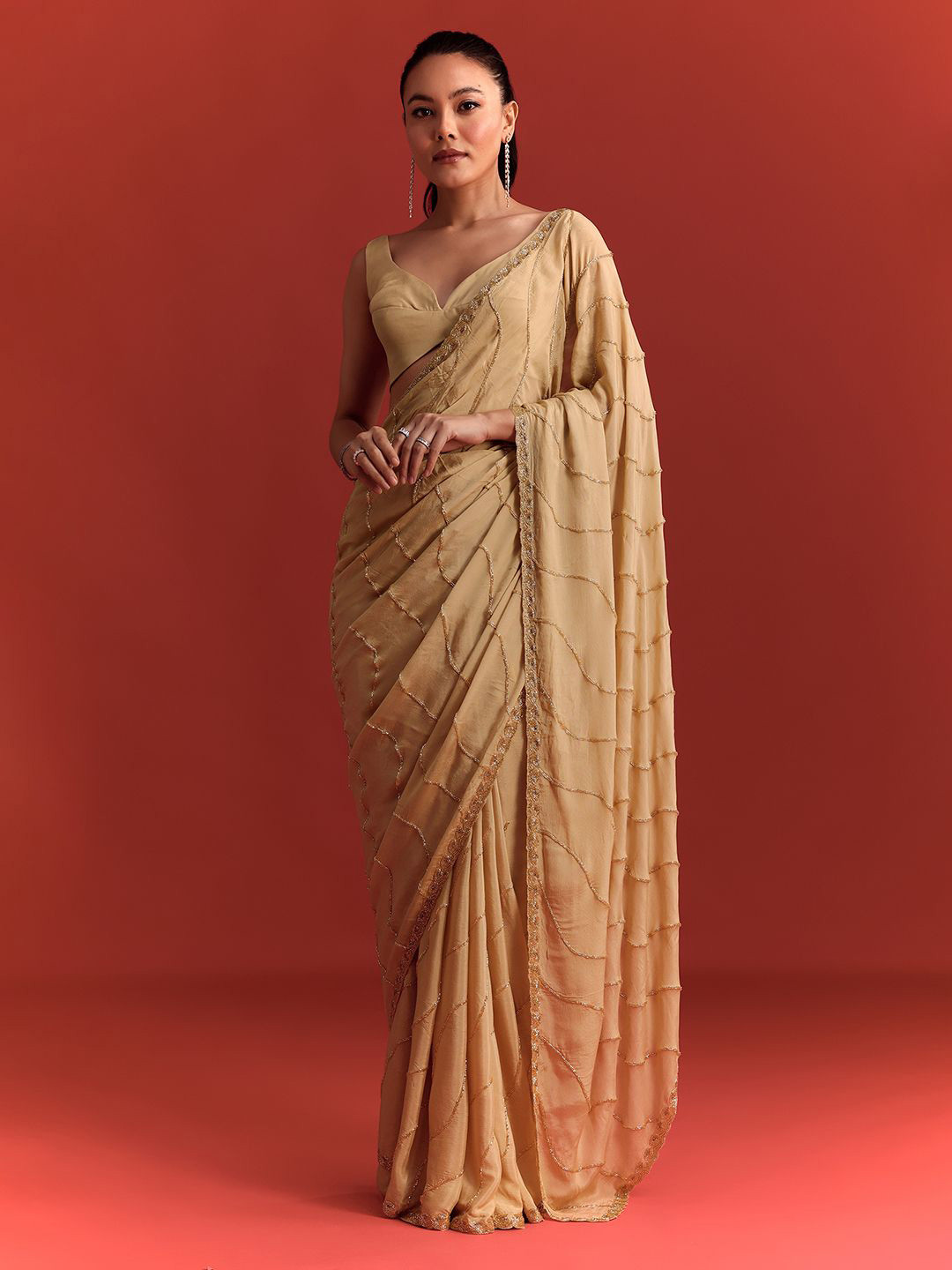 

KALKI Fashion Embellished Beads and Stones Saree, Off white