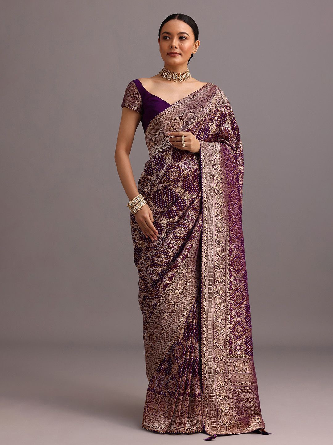 

KALKI Fashion Woven Design Zari Saree Bandhani Detail With Gotta Patti Border, Purple