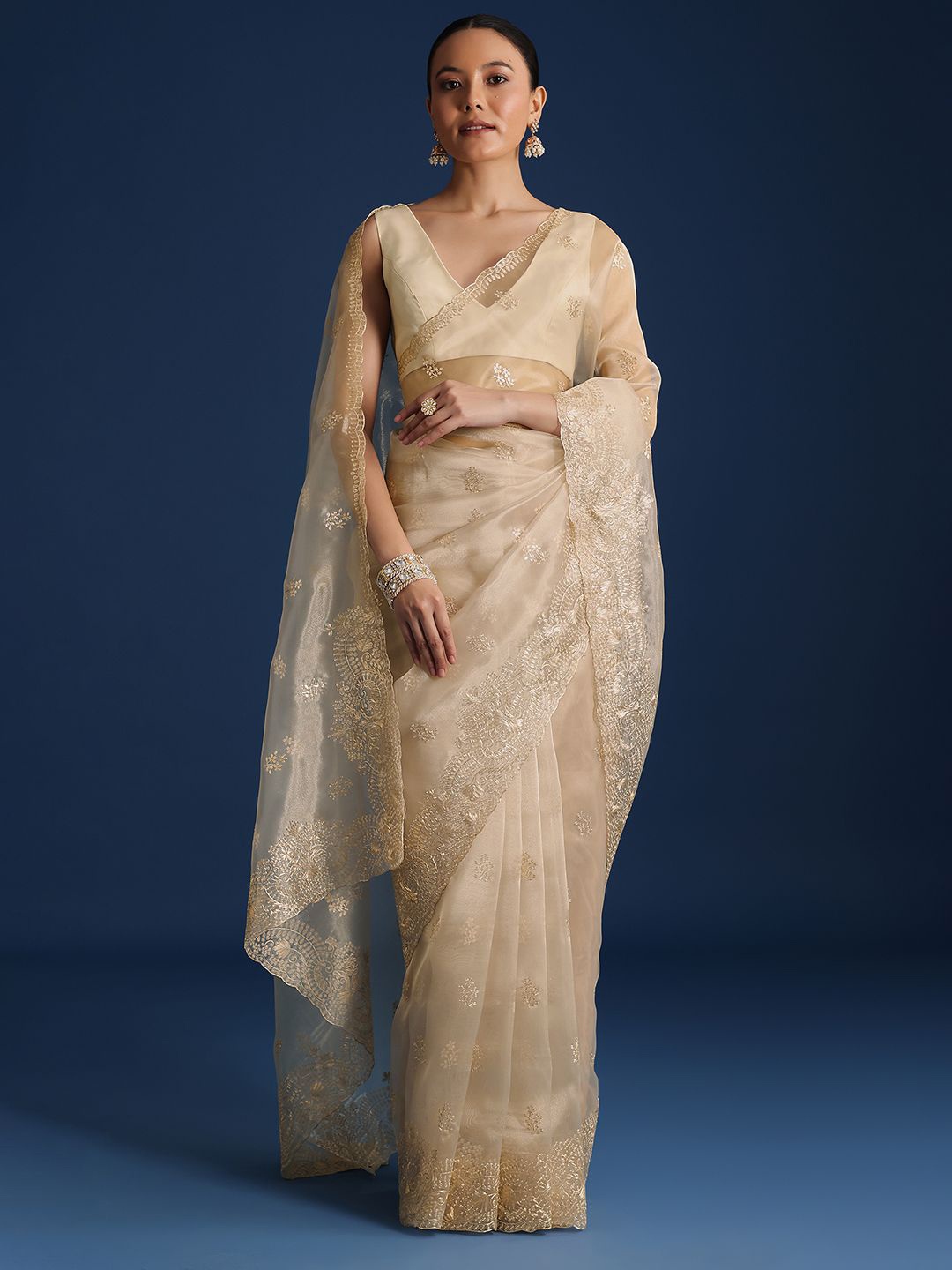 

KALKI Fashion Floral Embroidered Tissue Saree, Gold