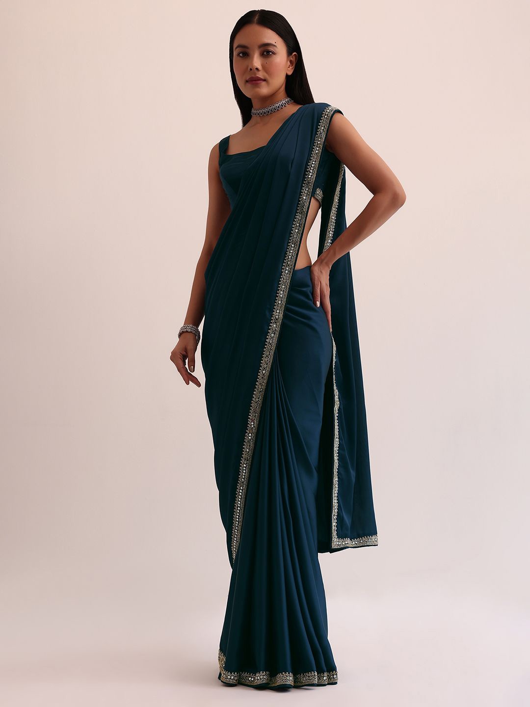 

KALKI Fashion Satin Saree With Embroidered Border, Blue