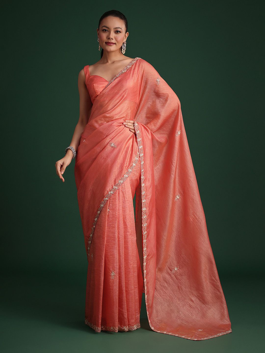 

KALKI Fashion Floral Embroidered Beads and Stones Saree, Peach