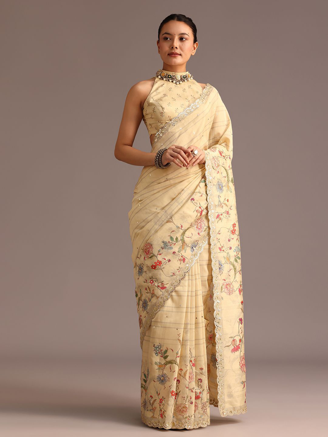 

KALKI Fashion Floral Printed Mirror Work Saree, Beige