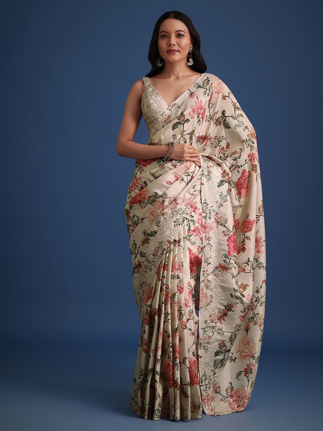 

KALKI Fashion Floral Tissue Saree With Pitta Work, Beige