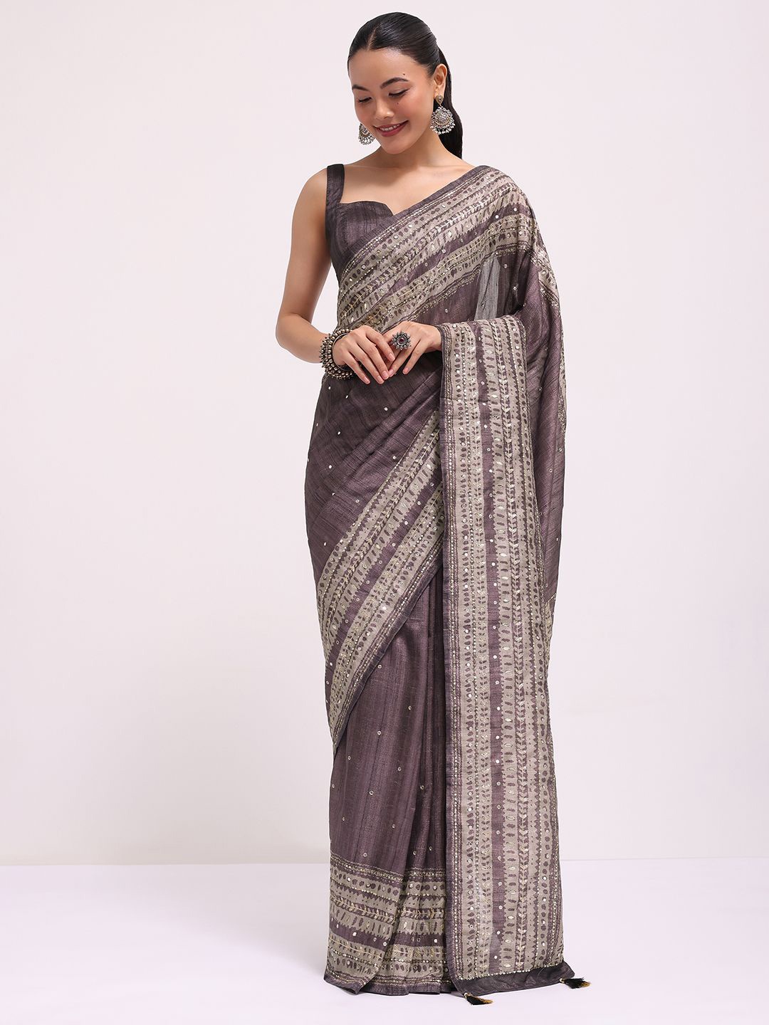 

KALKI Fashion Ethnic Motifs Saree With Mirror Work And Unstitched Blouse, Purple
