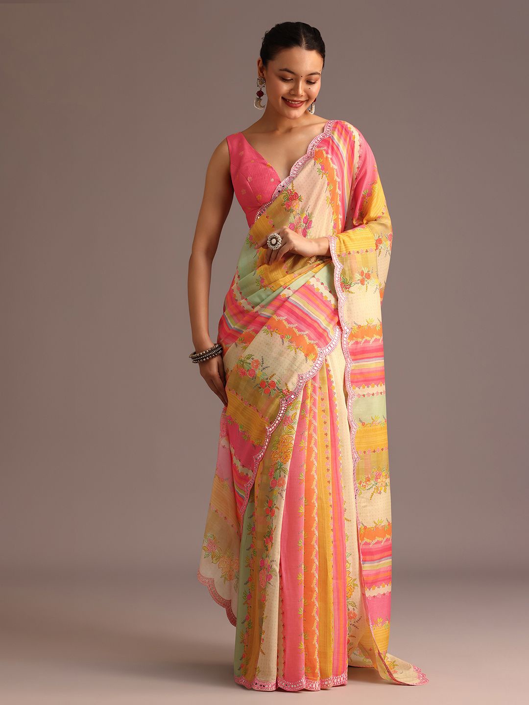 

KALKI Fashion Floral Printed Embellished Saree With Unstitched Blouse, Pink