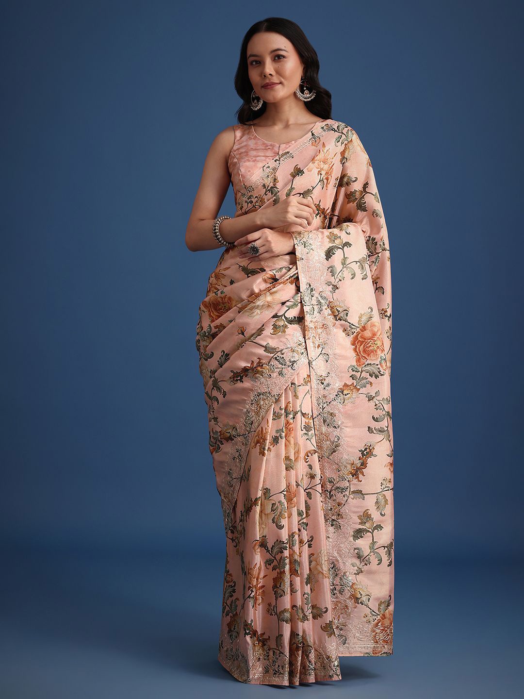 

KALKI Fashion Floral Printed Tissue Saree, Peach