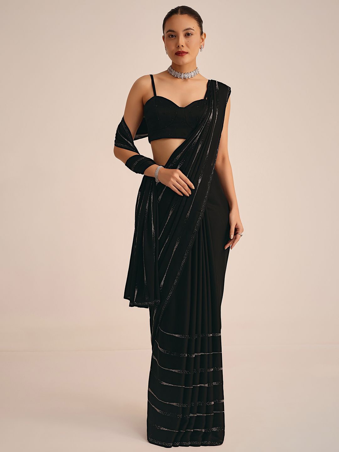 

KALKI Fashion Embellished Striped Beads and Stones Satin Saree, Black