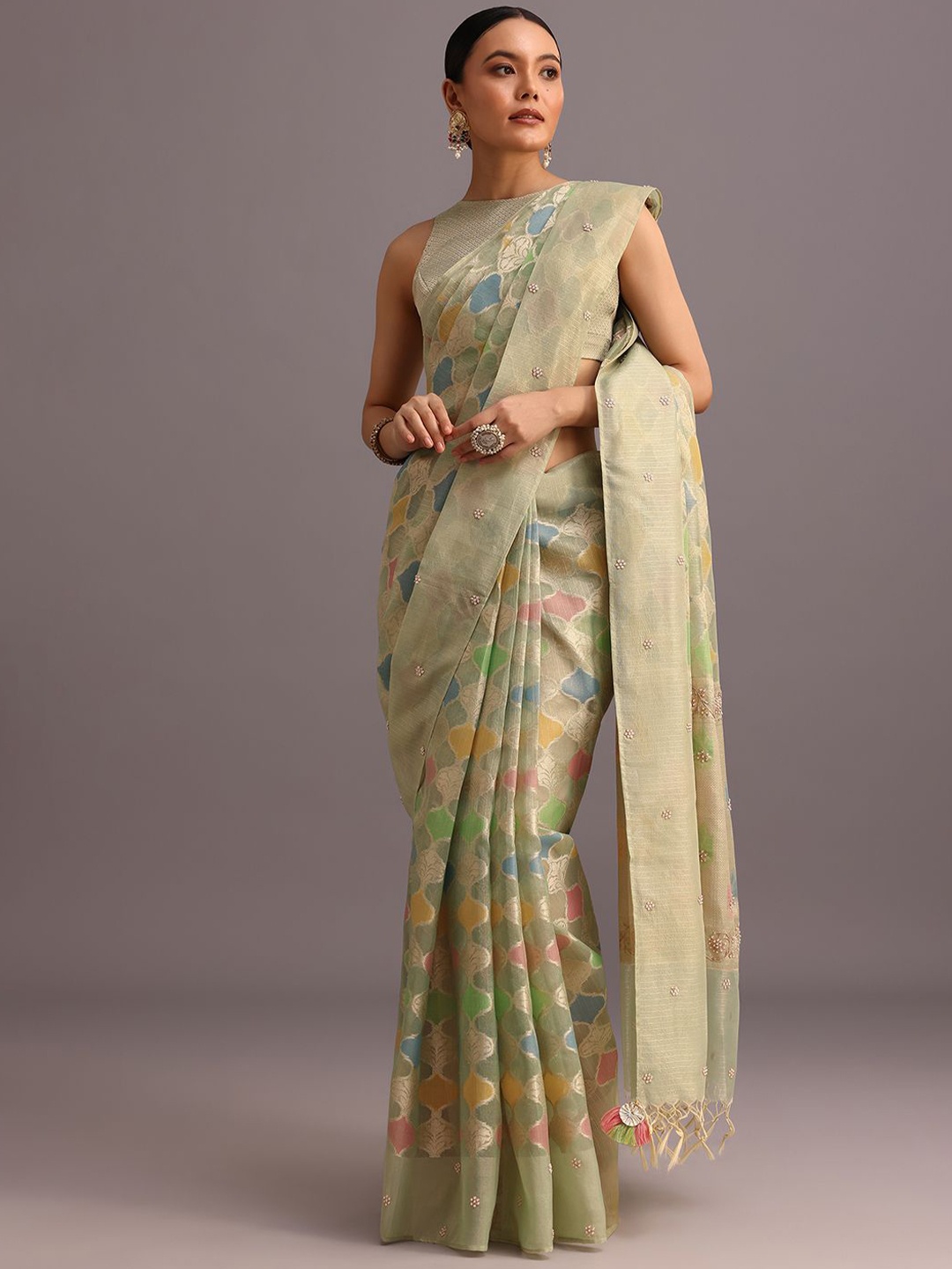

KALKI Fashion Woven Design Embellished Saree, Green