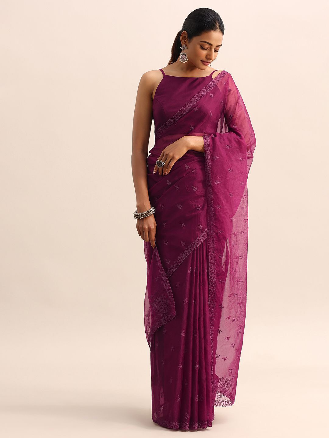 

KALKI Fashion Embroidered Floral Resham Work Organza Saree, Purple