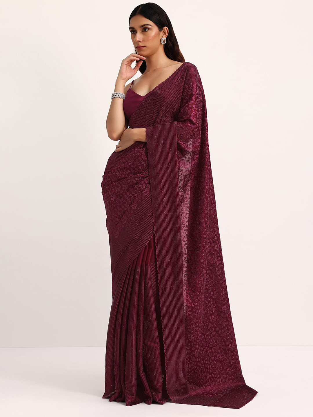 

KALKI Fashion Thread And Stone Embroidery Work Tissue Saree, Burgundy