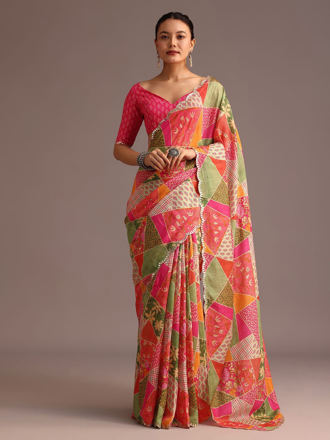 KALKI Fashion Floral Printed Mirror Work Saree, Pink