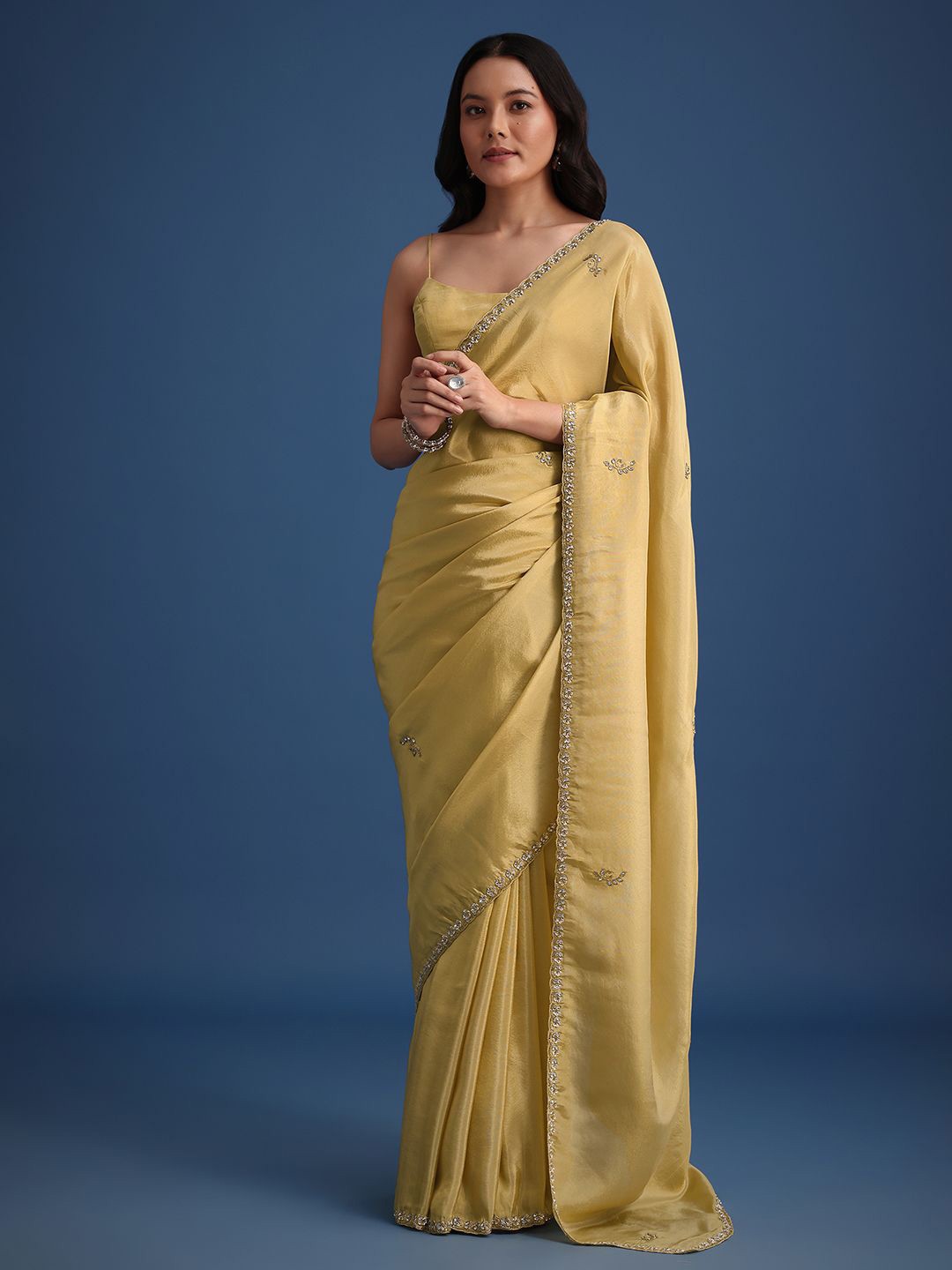 

KALKI Fashion Floral Embroidered Beads and Stones Tissue Saree, Gold