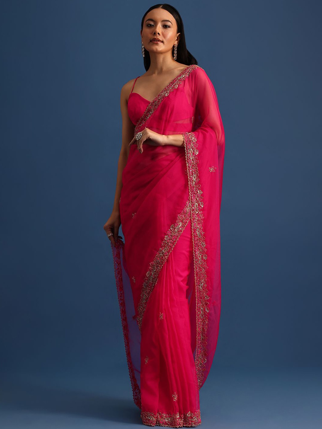 

KALKI Fashion Ethnic Motifs Beads and Stones Organza Saree, Pink