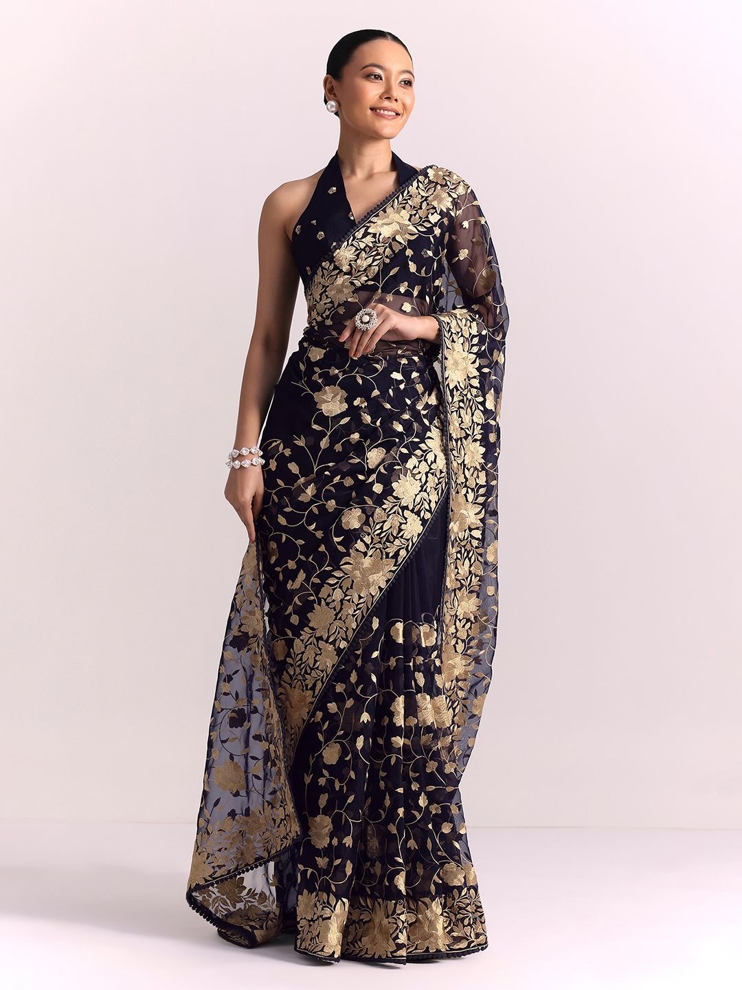 

KALKI Fashion Floral Embroidered Organza Saree, Navy blue
