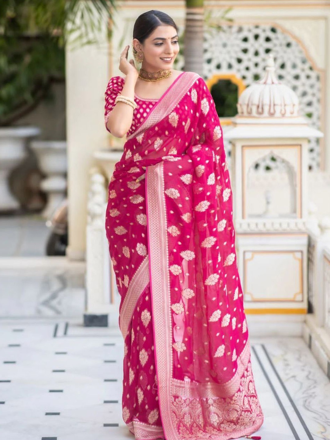 

ZIBLON Woven Design Zari Banarasi Saree, Pink