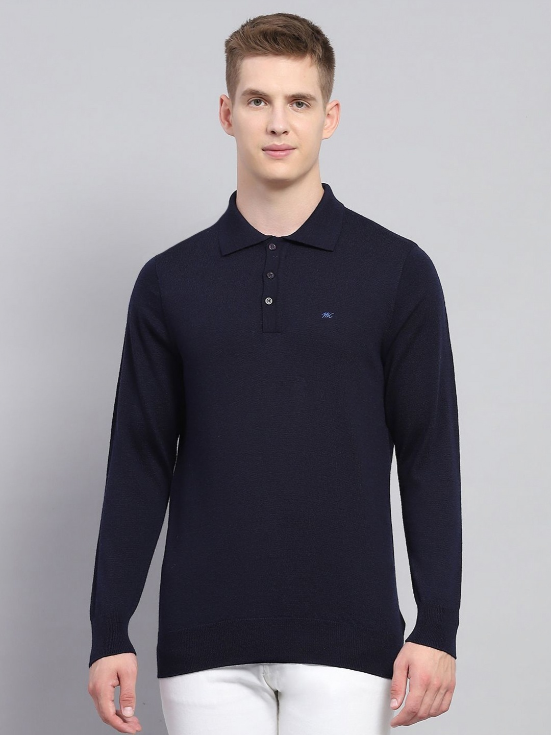 

Monte Carlo Men Solid Woollen Polo Collar T-shirt, Navy blue