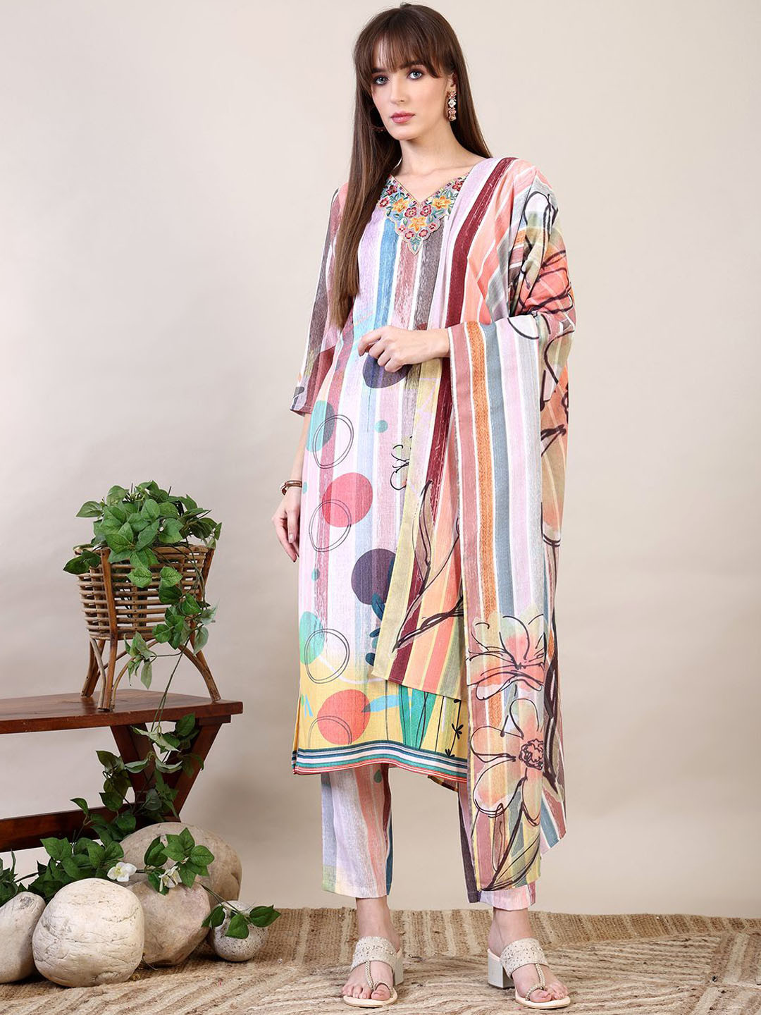 

KALINI Floral Embroidered Pure Cotton Kurta with Trousers & With Dupatta, Blue