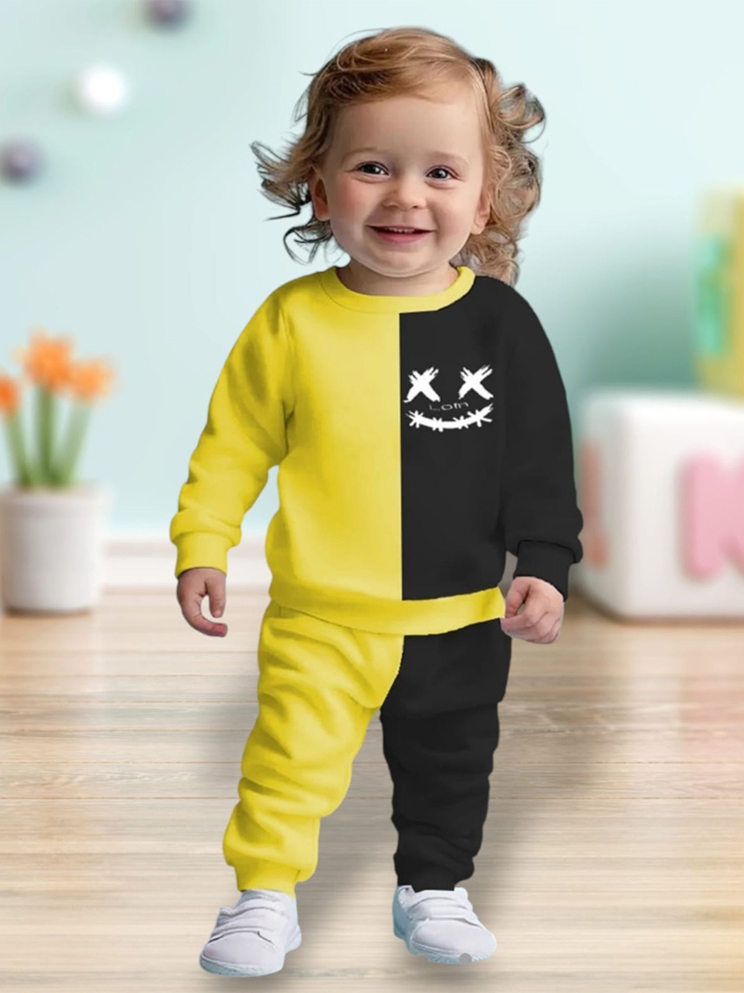 

4YOU DRESSES Colourblocked Round Neck Pure Cotton Sweatshirt With Trousers, Yellow