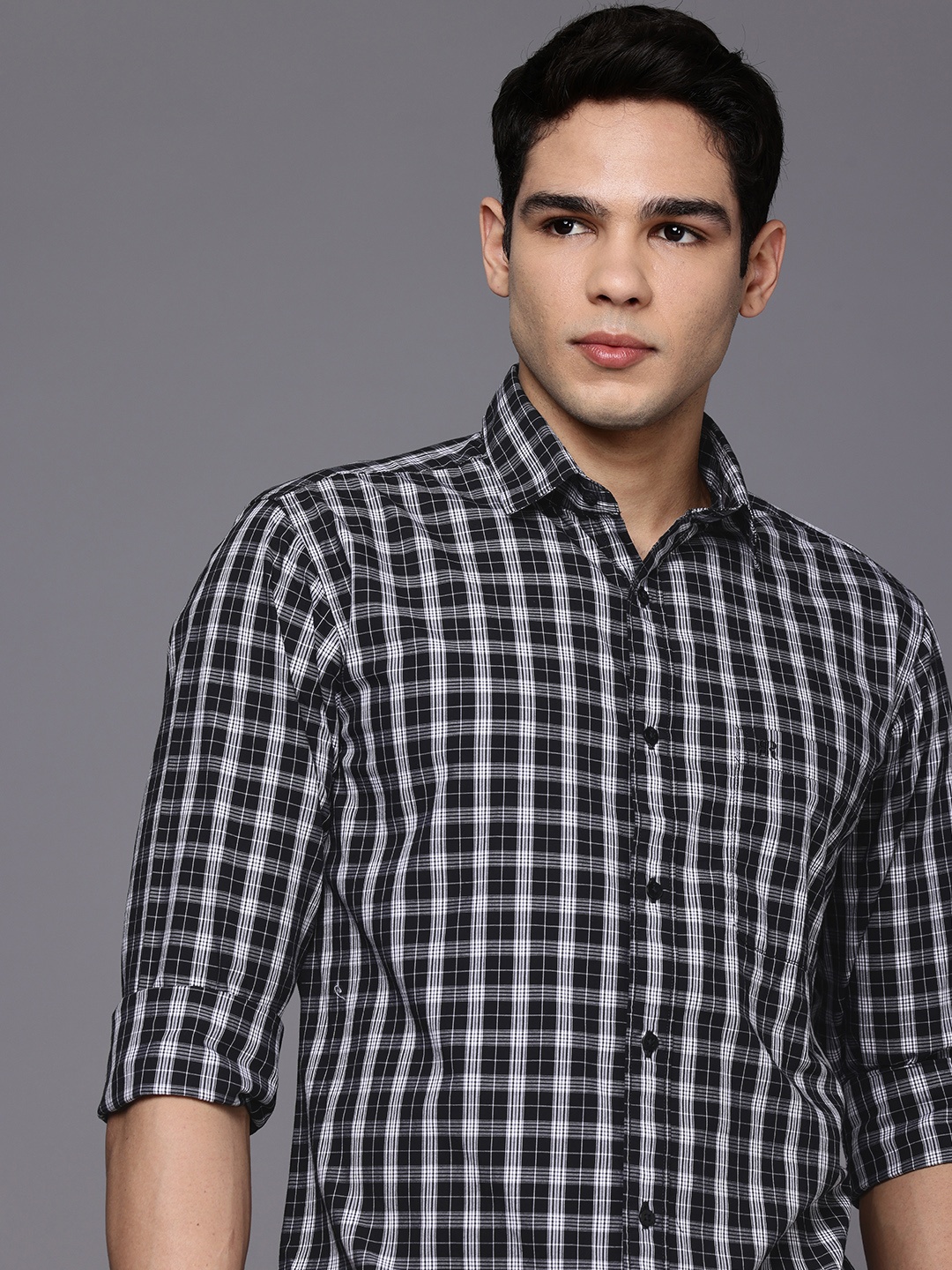 

Raymond Pure Cotton Slim Fit Checked Casual Shirt, Black