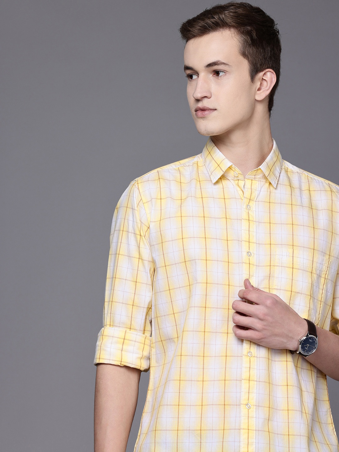 

Raymond Pure Cotton Slim Fit Checked Casual Shirt, Yellow