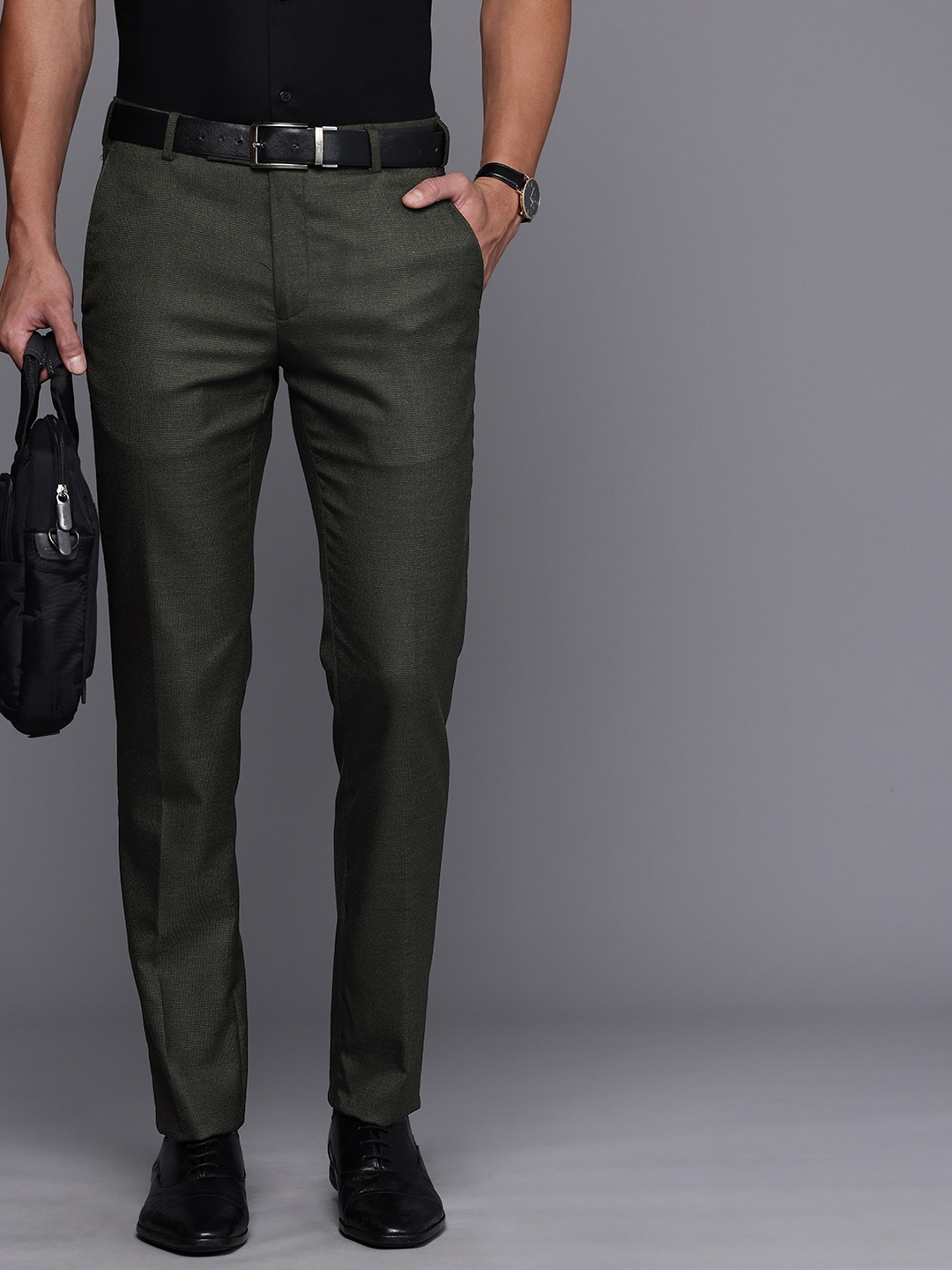 

Raymond Men Textured Slim Fit Formal Trousers, Green