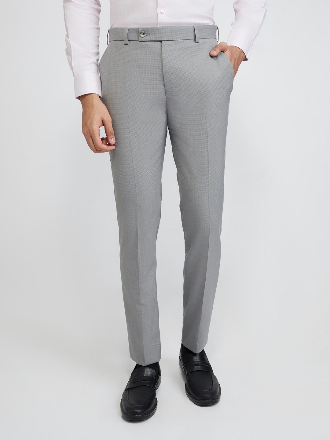 

Raymond Men Textured Slim Fit Easy Wash Trousers, Grey