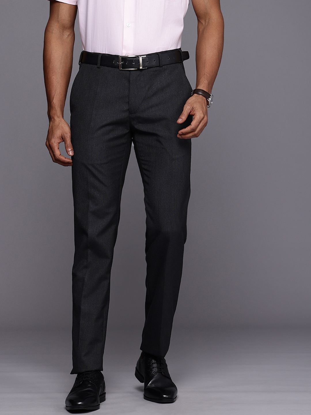 

Raymond Men Striped Slim Fit Trousers, Charcoal