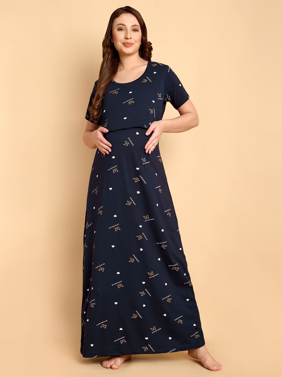

THE MAMA KLUB Women Printed Maxi Maternity Nightdress, Navy blue