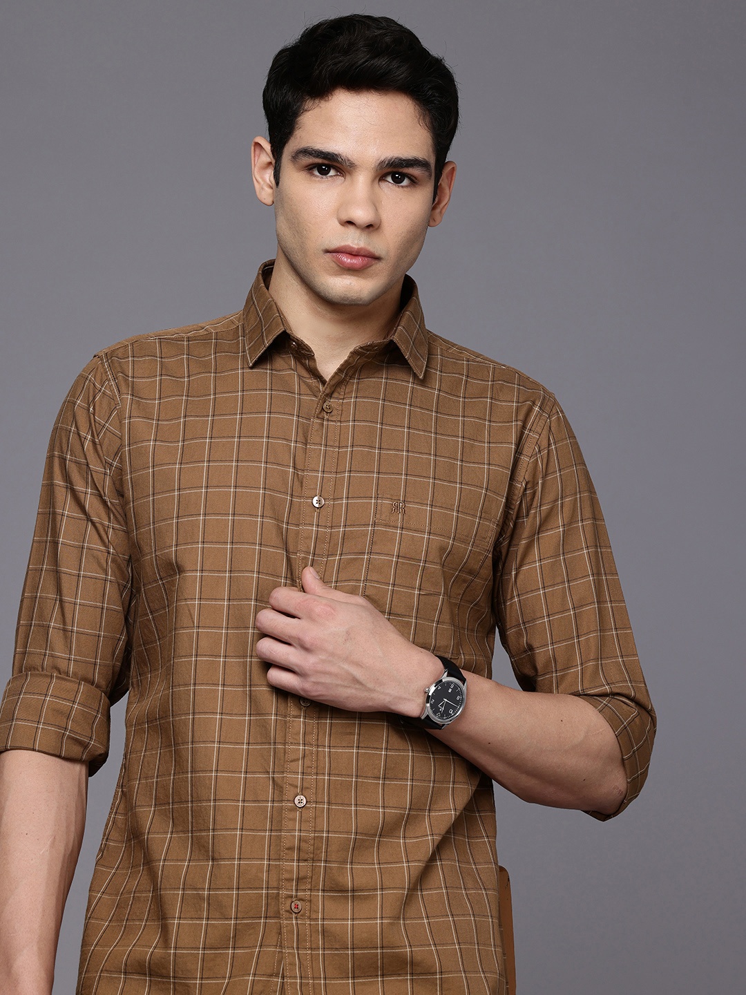 

Raymond Pure Cotton Slim Fit Checked Casual Shirt, Brown