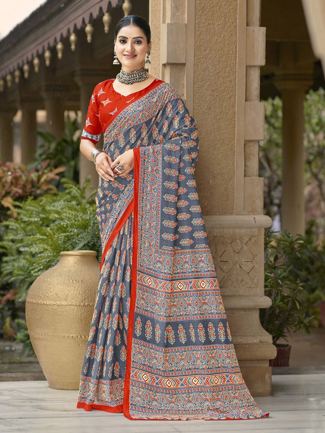 

Anouk Ethnic Motifs Printed Pure Cotton Saree, Blue