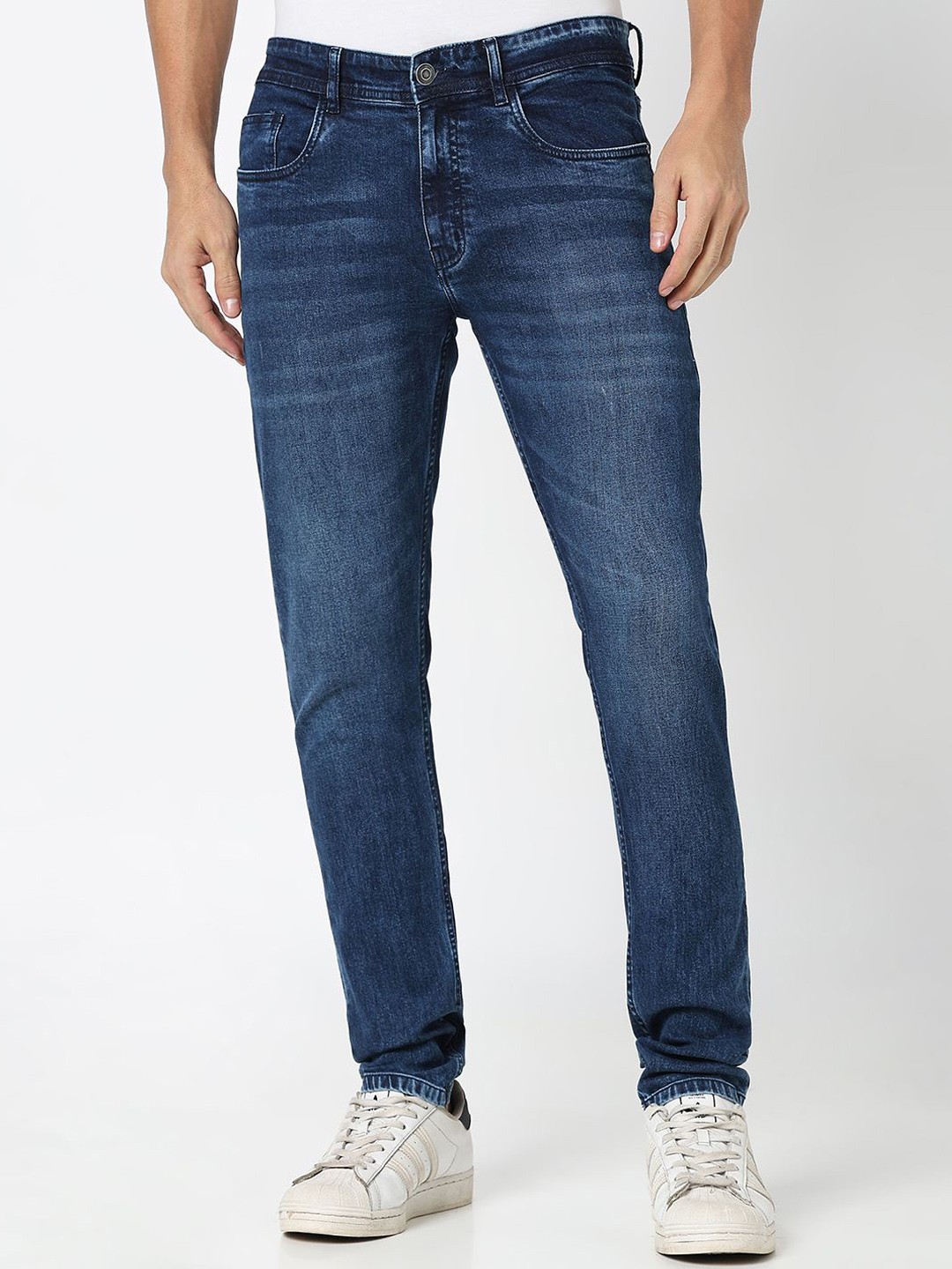 

R&B Men Cotton Slim Fit Mid-Rise Light Fade Jeans, Blue