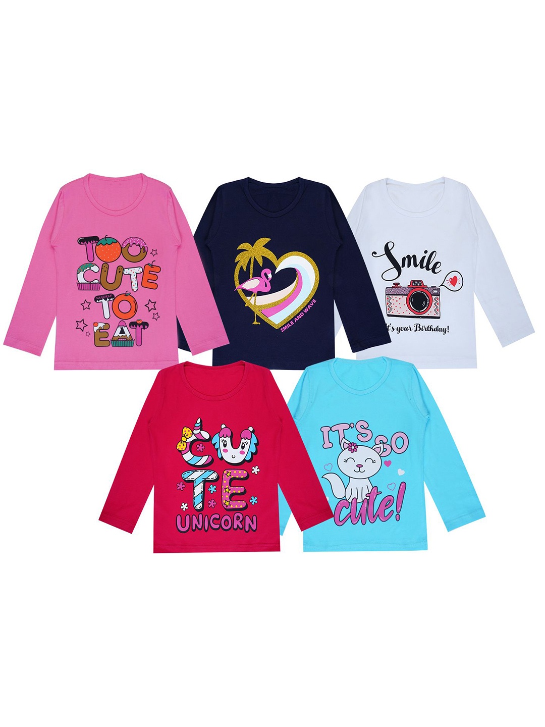 

FAZZA Girls Pack Of 5 Graphic Printed Round Neck Cotton T-shirts, Pink