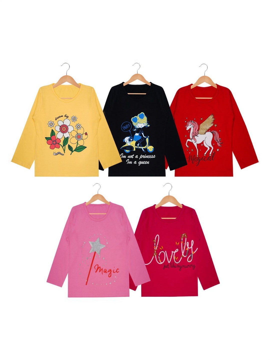 

FAZZA Girls Pack Of 5 Graphic Printed Round Neck Cotton T-shirts, Red