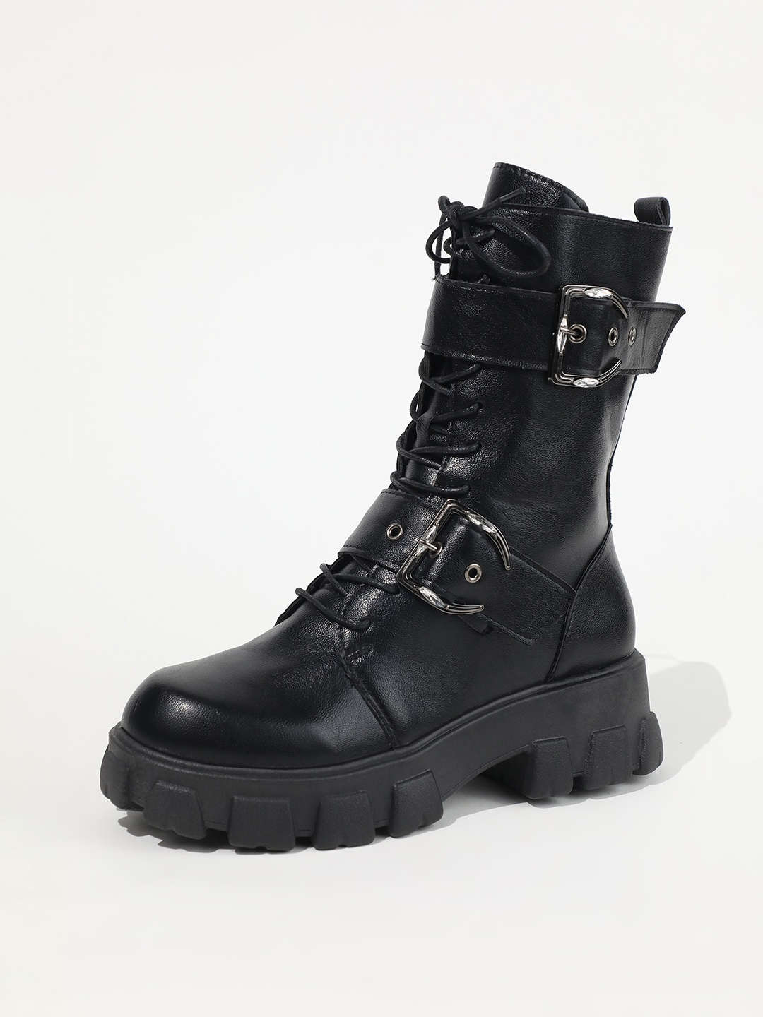 

LULU & SKY Women Buckle-Detail Lace Up Chunky Boots, Black