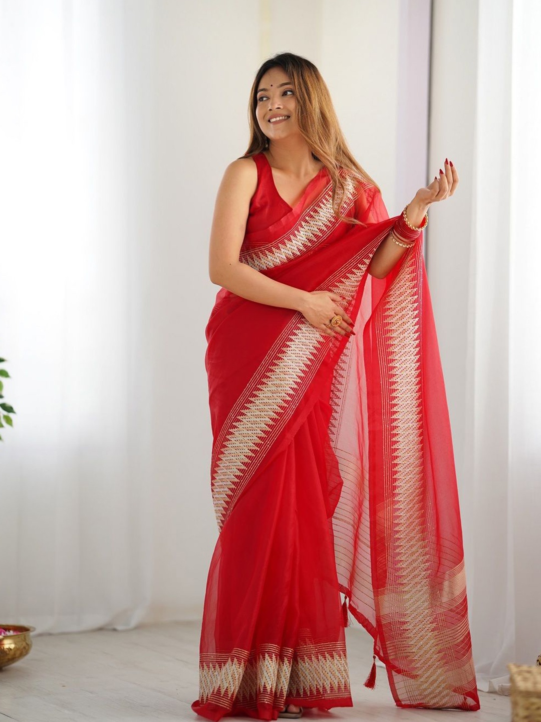 

KALINI Embellished Embroidered Organza Chanderi Saree, Red