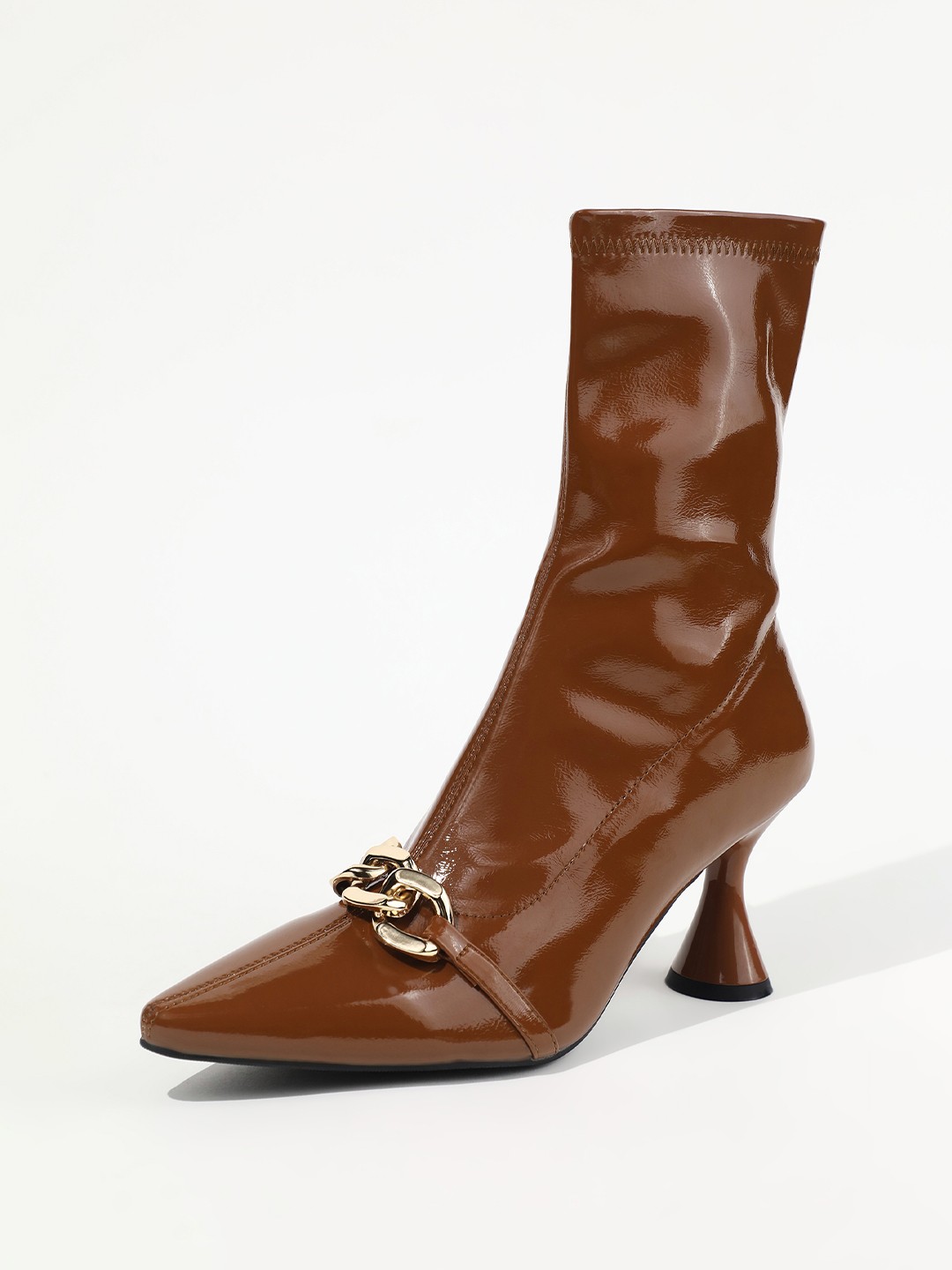 

LULU & SKY Women Chain Detail Pointed Toe Heeled Boot, Brown