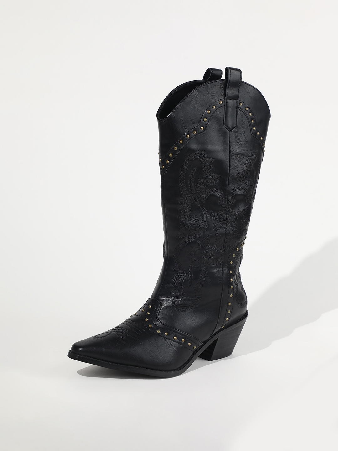 

LULU & SKY Women Embellished Studded Square Toe Knee-High Cowboy Boots, Black