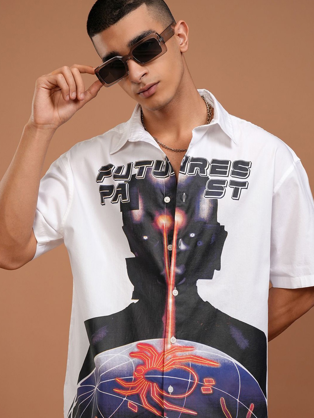 

HIGHLANDER Men Placement Patterened Oversized Shirt, White