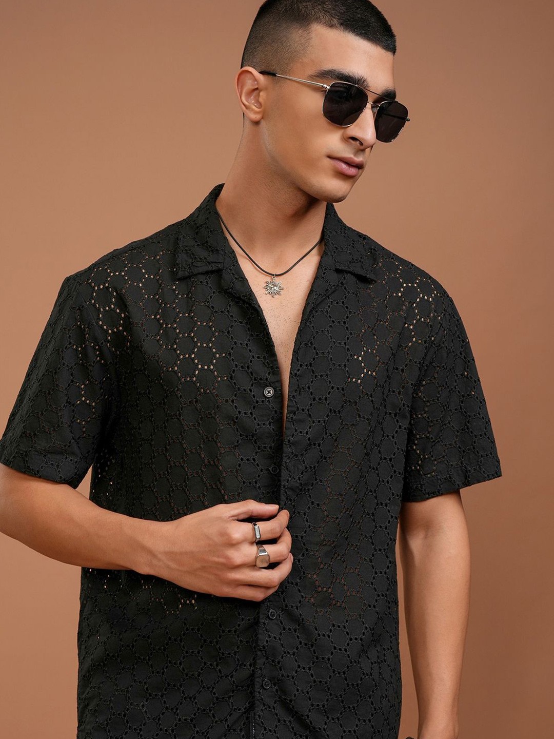 

HIGHLANDER Men Solid Hakoba Schiffli Cuban Collar Relaxed Shirt, Black