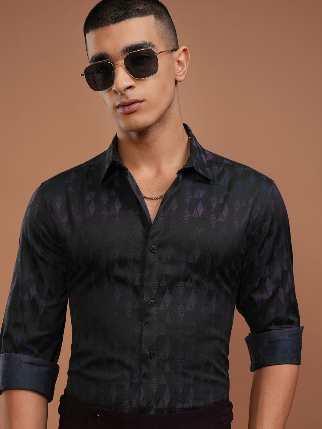 

HIGHLANDER Men Jacquard Textured Evening Party Shirt, Black