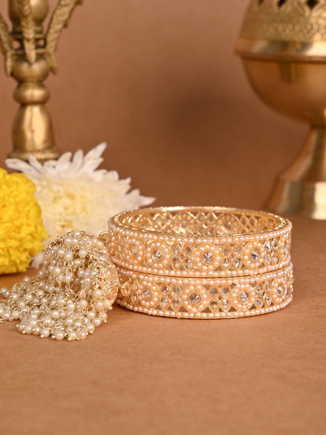 

Wedding Chuda by Hitesh Bangles Set Of 2 Gold-Plated Stones-Studded & Beaded Bangles
