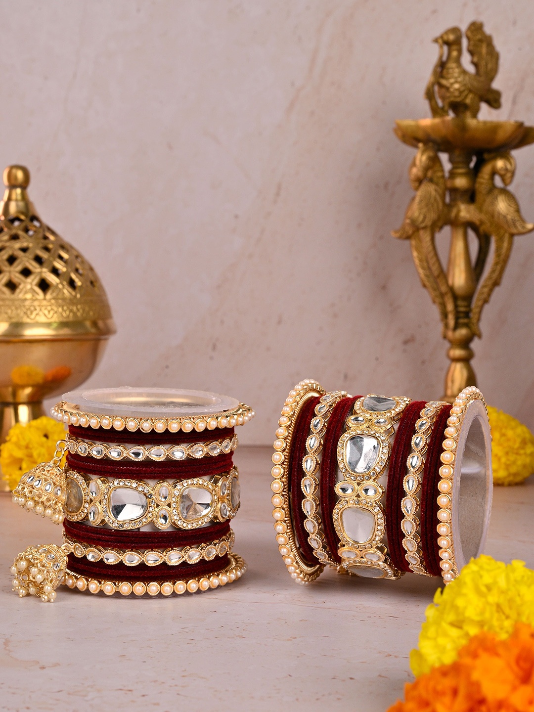 

Wedding Chuda by Hitesh Bangles Set Of 2 Gold-Plated Stone Studded & Beaded Chuda Bangles